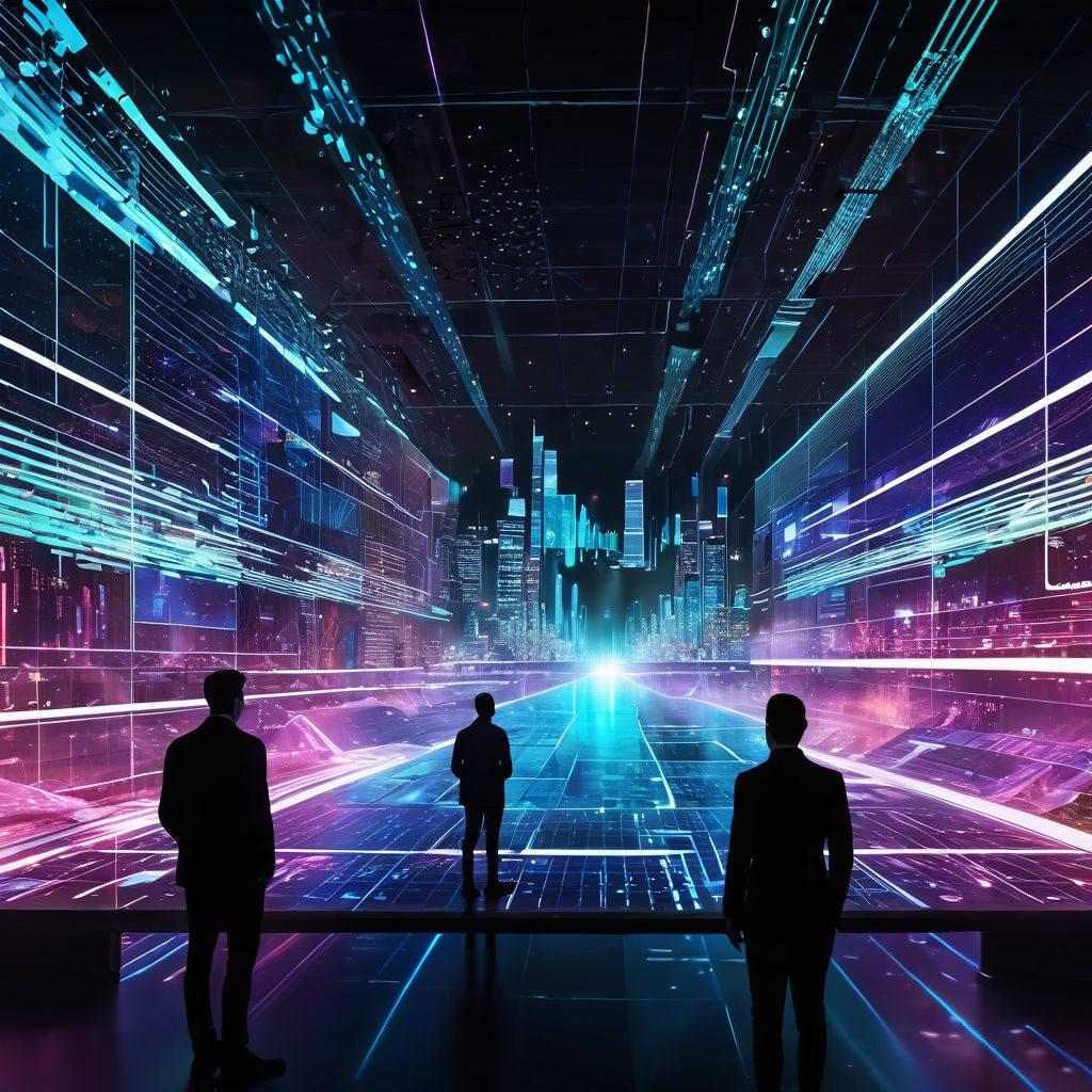 A futuristic landscape showcasing a vast digital world filled with flowing streams of data represented as glowing binary code, surrounded by analytical graphs and charts, featuring diverse tech enthusiasts analyzing trends on holographic screens. The scene is vibrant and high-tech, capturing the essence of big data and analytics in a visually engaging way. digital art. vibrant colors. cyberpunk.