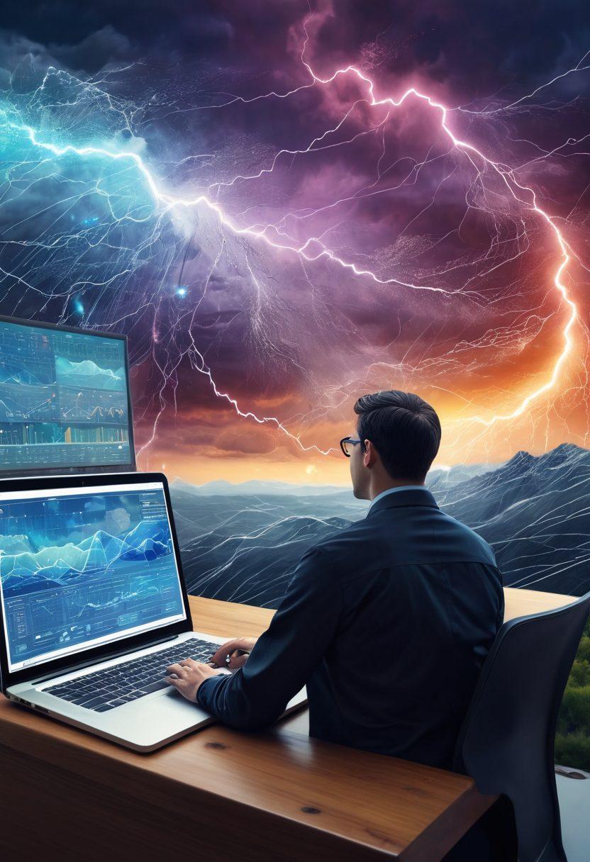 A serene landscape depicting a chaotic storm transforming into a clear sky, symbolizing data-driven decision making. In the foreground, a figure is analyzing charts and graphs on a laptop, surrounded by swirling data streams and digital icons representing analytics. The contrast between turbulence and clarity emphasizes the power of data in transforming insights. vibrant colors. super-realistic. digital art.