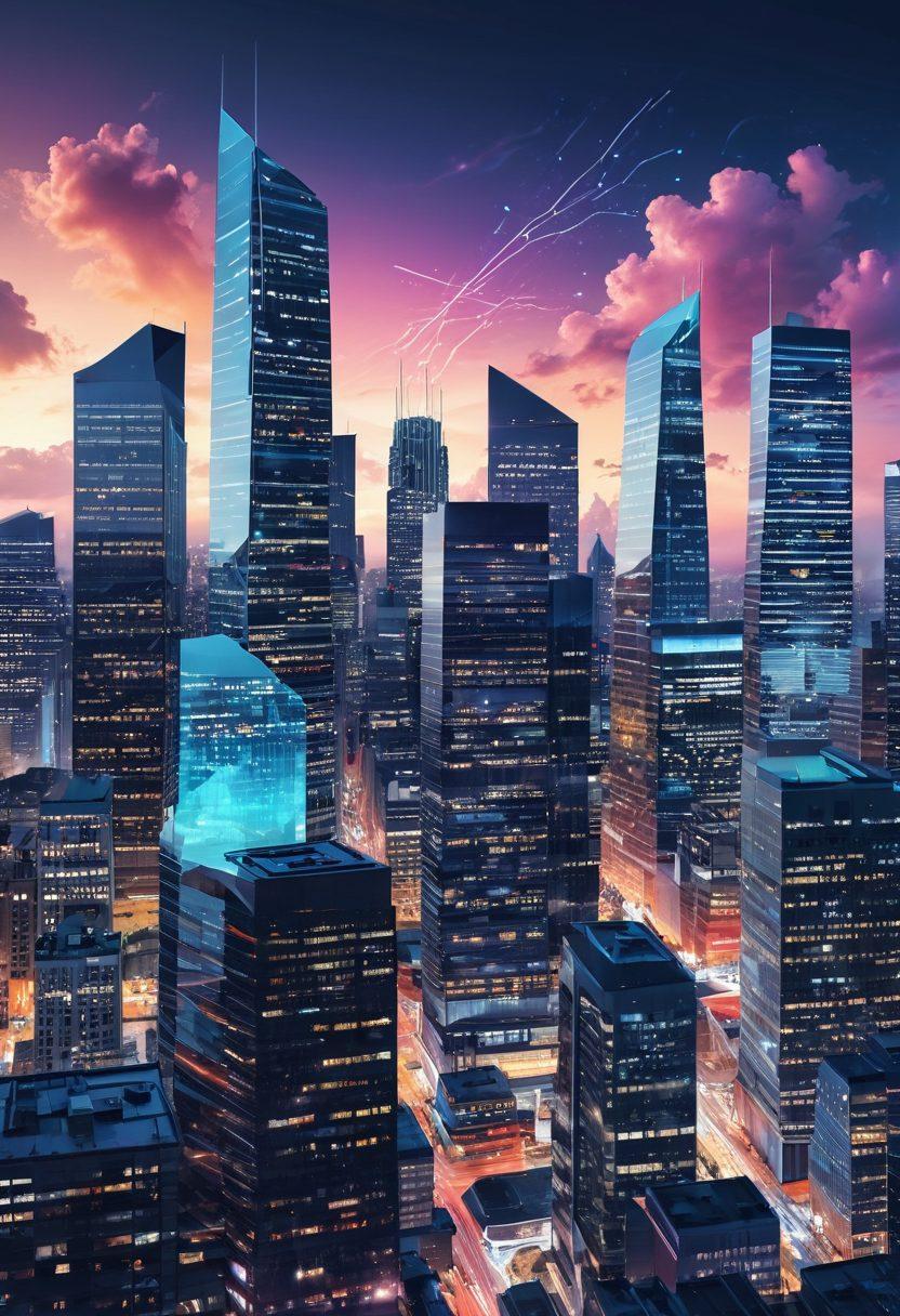 A dynamic illustration showcasing a city skyline made of vibrant data visualizations, such as bar charts, pie charts, and line graphs seamlessly integrated into the buildings. The sky is filled with abstract data streams flowing like clouds, and a futuristic interface with analytics icons emerges in the foreground. This portrayal represents the synergy between urban life and data analytics trends. super-realistic. vibrant colors. 3D.